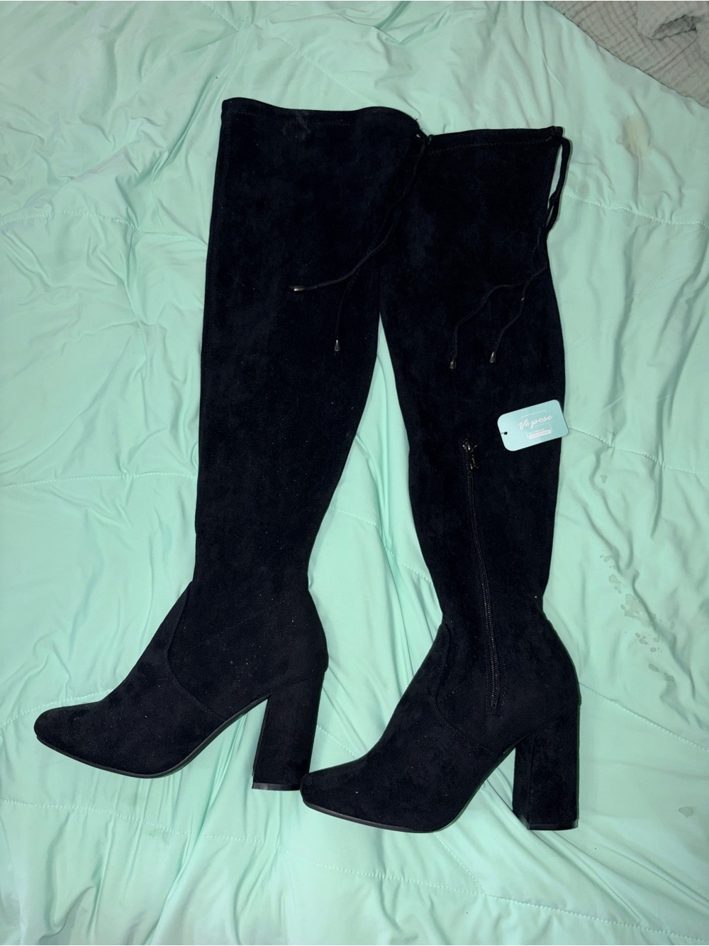 Vepose Black Over-The-Knee Suede Block Heel Boots